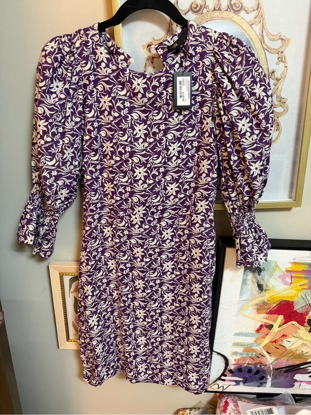 Maje Purple and White Floral Puff-Sleeve Dress